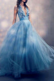 Sexy A Line Deep V Neck Tulle Prom Dresses with Sequins, Long Formal Dresses SJS15326