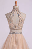 Two-Piece High Neck Prom Dresses A Line Tulle With Beading