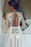 Elegant A Line Long Sleeves Embroidery Tulle Beads Prom Dresses with Open Back SJS15511