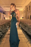 Prom Dresses Halter Sheath Spandex With Beads Appliques Floor Length