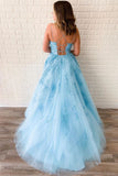 Unique A-Line Sky Blue Tulle Appliques Beads Scoop Prom Dresses with Lace SJS20453