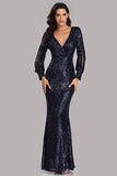 Long Split Sleeve Mermaid V Neck Dark Navy Blue Sequins Prom Dresses, Formal Dress SJS15256
