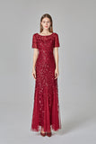 Elegant Mermaid Burgundy Tulle Prom Dresses Round Neck Long Evening Dresses SJS15176