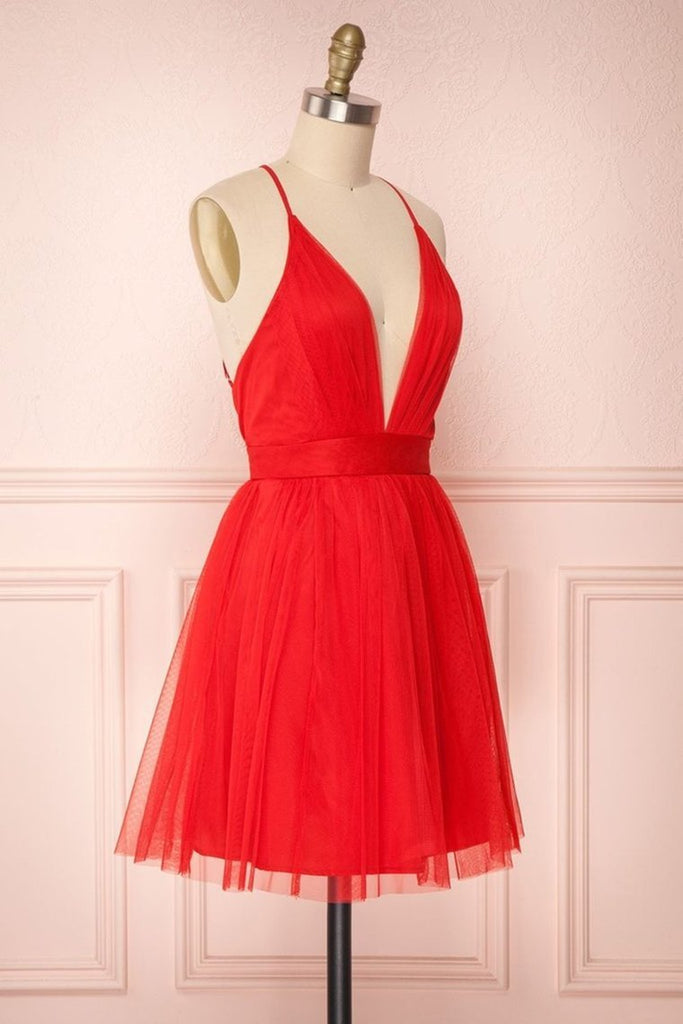 A Line V Neck Short Red/Burgundy Tulle Prom Dresses Homecoming Dresses