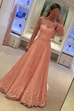 Prom Dresses Long Sleeves A Line Lace With Applique Floor Length