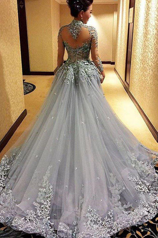 A Line Prom Dresses High Neck Long Sleeves Tulle With Applique Court Train