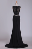 See-Through Prom Dresses V Neck Spandex Two-Piece With Applique And Slit