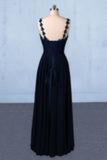 Dark Navy Blue Straps Floor Length Evening Dresses, Long Chiffon Prom Dress With Lace