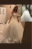 Luxurious Ball Gown Wedding Dresses Long Sleeves Boat Neck Tulle With Applique