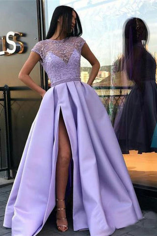Lilac Long Prom Dresses With Slit Beaded See Through Cap Sleeve Prom Dress