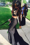Two Pieces Black Long Sleeve Prom Dresses Mermaid Lace Prom Dress