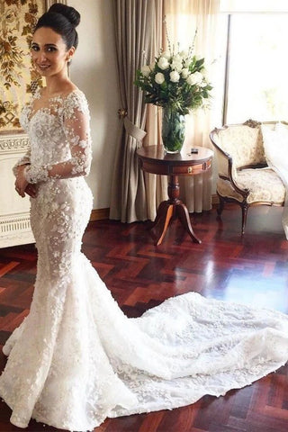 Charming Mermaid Long Sleeves Wedding Dress with Lace Appliques, Wedding Gowns SJS15108