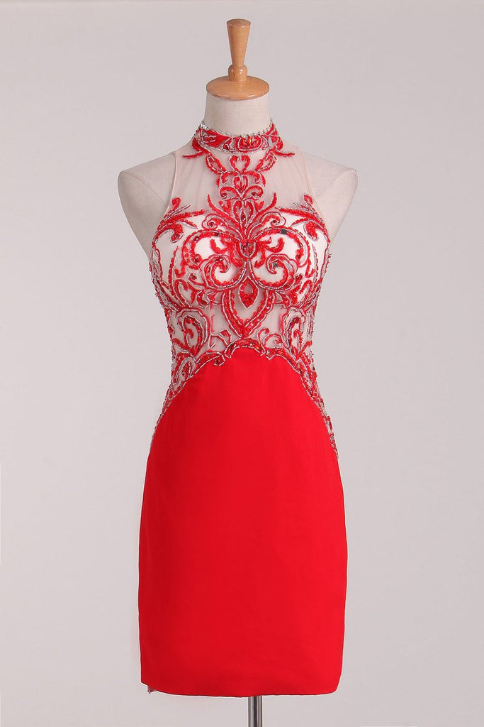 Sexy Open Back High Neck Sheath Homecoming Dresses With Beads Chiffon