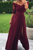 Modest Off the Shoulder Burgundy Bridesmaid Dresses with Slit, Prom SJS20427