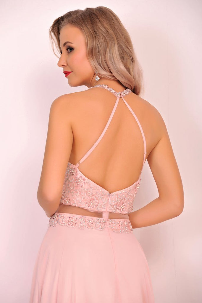 Chiffon Halter Open Back Prom Dresses With Beads And Embroidery A Line