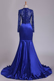 Long Sleeve Evening Dresses Mermaid/Trumpet Elastic Satin With Applique Dark Royal Blue