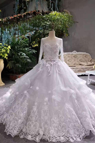 New Arrival Wedding Dresses Tulle Scoop Neck With Appliques And Handmade Flowers Lace Up Long Sleeves