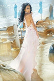 Boho Halter Backless Light Pink Chiffon Beach Wedding Dresses with Appliques Ruffles SJS15082
