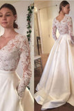 New Arrival Wedding Dresses A-Line V-Neck Long Sleeves Satin With Applique