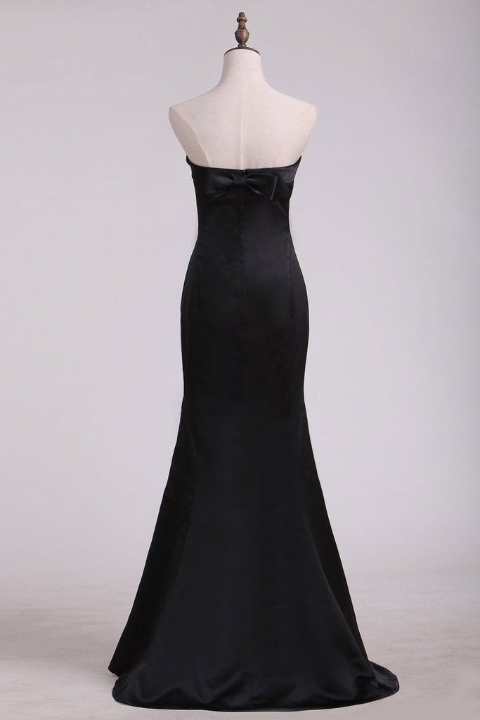 Black Satin Floor Length Evening Dresses Strapless With Bow Knot Online ...