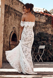 Elegant Off the Shoulder Ivory Lace Mermaid Beach Wedding Dress, Cheap Bridal Dress SJS15188