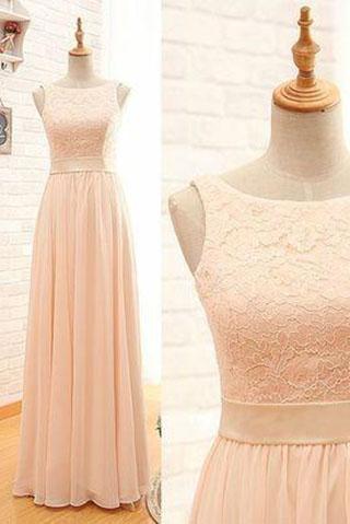 Blush Pink Lace Chiffon Scoop Sleeveless A-Line Zipper Floor-Length Long Bridesmaid Dresses JS34