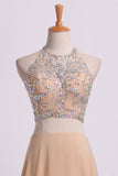 Sexy Prom Dresses Halter Two Pieces A Line With Flowing Chiffon Skirt Beaded