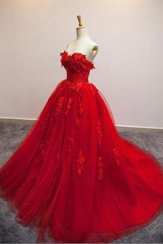 Red Ball Gown Tulle Strapless Generous Floral Fashion Quinceanera Prom Dresses JS548
