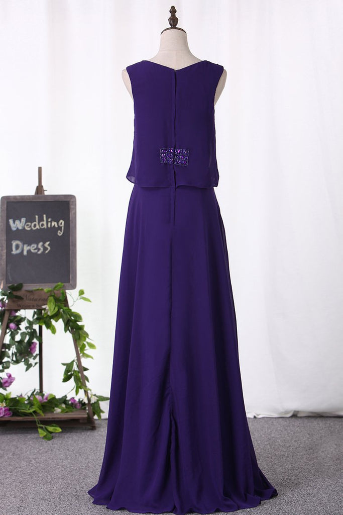 Chiffon Scoop A Line Floor Length Prom Dresses With Beading