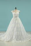Tulle Scalloped Neck A Line Wedding Dresses With Ruffles And Beads