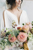 Simple A Line Ivory Chiffon V neck Wedding Dresses, Half Sleeves Long Wedding Gowns SJS15381