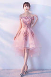 Pink Lace Tulle Short Prom Dress Off-the-Shoulder Appliques Lace up Homecoming Dresses SJSPST13190