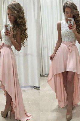 New Arrival Sexy Unique High Low Sleeveless Pink White Chiffon Scoop Prom Dresses JS771