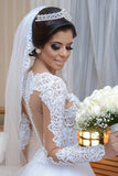 V Neck Long Sleeves A Line Wedding Dresses Tulle With Applique And Sash