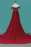 A Line Chiffon Off The Shoulder Prom Dresses With Applique And Beads