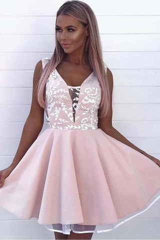 Fashion A Line V Neck Sleeveless Pink Appliques Short Homecoming Dress