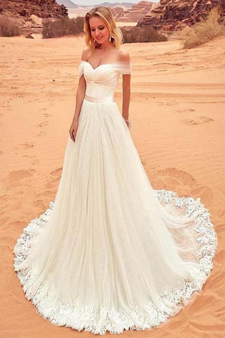 Charming Off The Shoulder Tulle Long Beach Wedding Dress With SJSPYAQGZNX