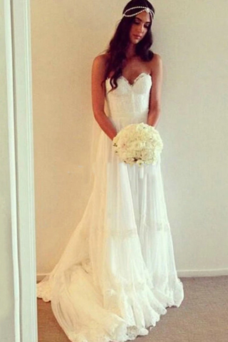 Boho Sweetheart Appliques A Line Ivory Wedding Dress, Beach Wedding Dress