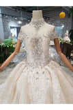 Ball Gown Wedding Dresses High Neck Top Quality Tulle Beading Short Sleeves