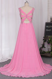 Sexy Open Back Straps A Line With Beads And Ruffles Chiffon Prom Dresses
