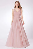 Simple A Line Pink V Neck Tulle Sleeveless Prom Dresses Long Bridesmaid Dresses SJS15383