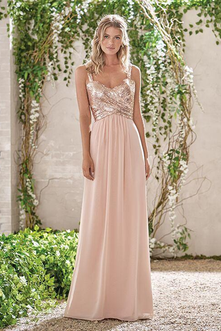 Rose Gold A Line Straps Backless Sequins Chiffon Bridesmaid Dress Vintage Prom Dress