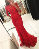 Graceful Red Beaded Lace Long Half Sleeve Backless Floor Length Mermaid prom Dresses JS703