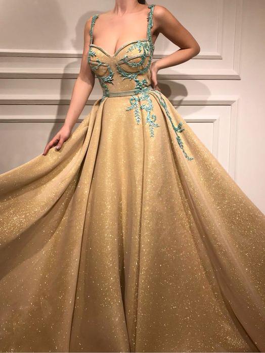 A Line Spaghetti Straps Sweetheart Gold Rhinestone Sparkly Appliques Prom Dresses JS890
