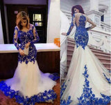 Mermaid Royal Blue Scoop Appliques Tulle Prom Dresses Long Evening SJS20464
