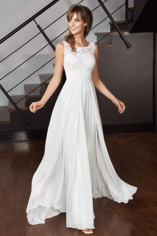 Elegant A Line Scoop Chiffon Ivory Long Appliques Beach Wedding Dresses with Lace JS971
