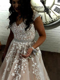 A Line Cheap Nude Quinceanera Dress Lace Appliques Cap Sleeve Beaded Prom Dresses JS238