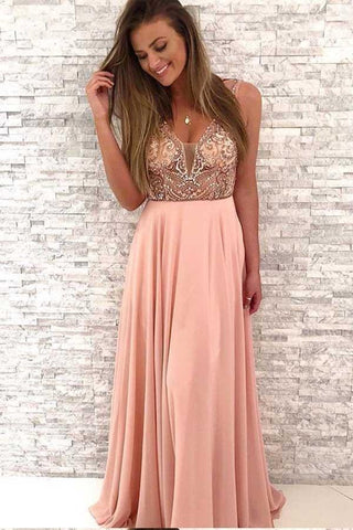 Gorgeous Beaded Pink Chiffon Long V-Neck Spaghetti Straps Evening Prom Dresses JS62