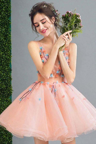 Short A Line Lace Up Back Homecoming Dress With Flowers