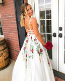A Line Elegant V Neck Lace Prom Dresses Backless Party Dresses With Flowers